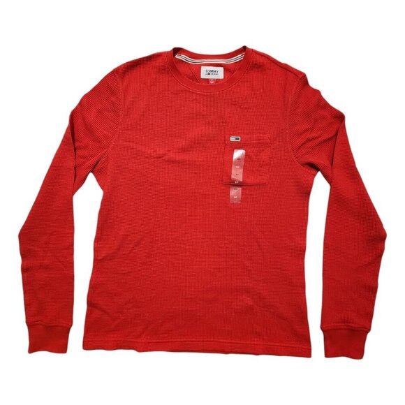 Tommy Hilfiger Men's Waffle-Knit Long-Sleeve Crewneck Pocket T-Shirt Red Small - Picture 1 of 7